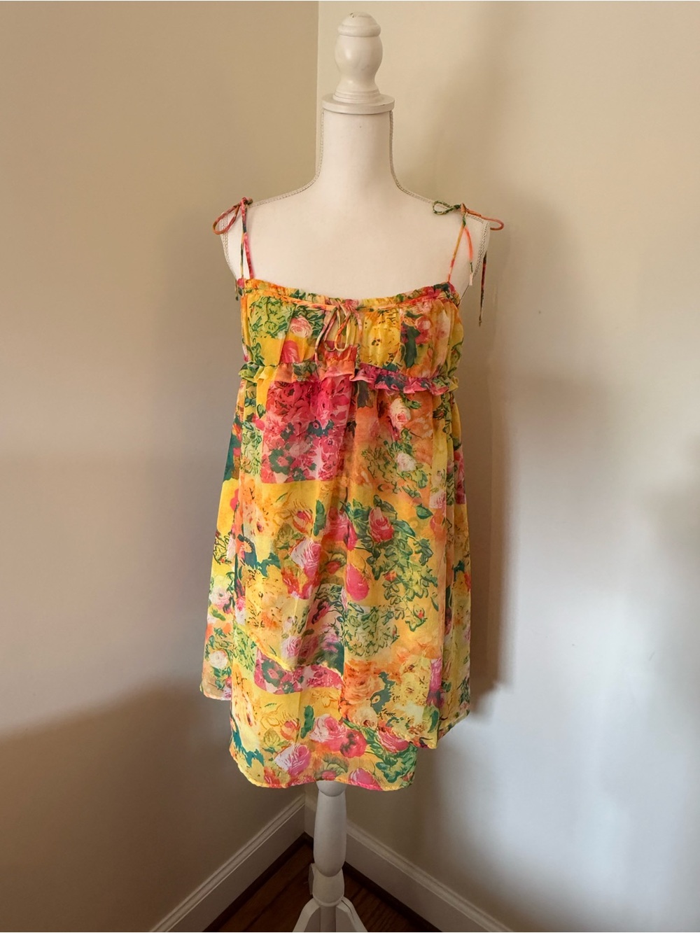 Yellow Floral Tie-Shoulder Summer Dress